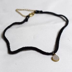 Stylish Black Suede Cord White Druzy Circle Pendant 15" Goth Grunge Necklace